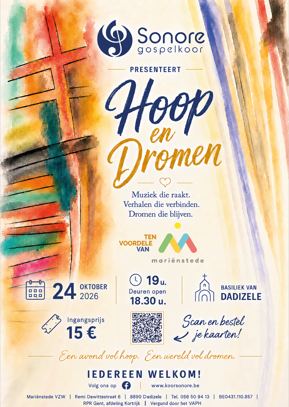 Affiche Sonore Gospelkoor - uitnodiging benefietconcert ten voordele van Mariënstede vzw
